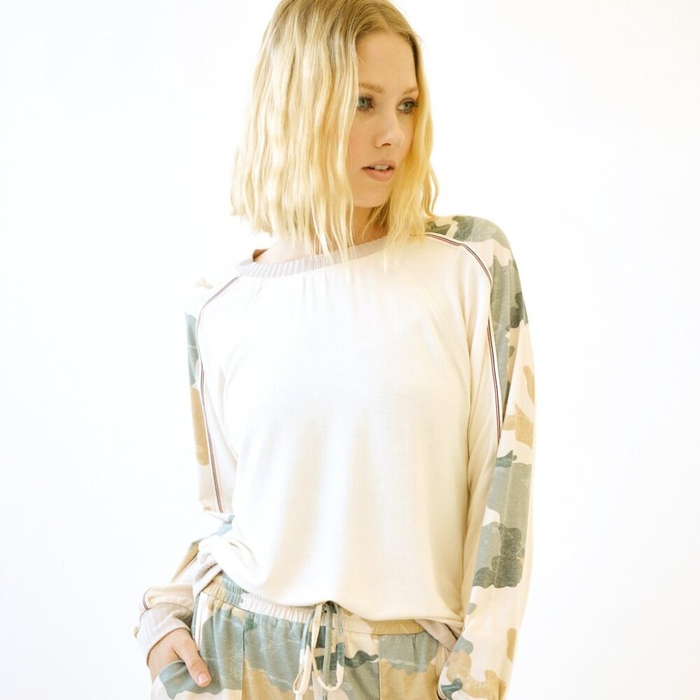 MYSTREE Cream Camo Sleeve Pullover Top Long Sleeve Lightweight Lounge Sweatshirt